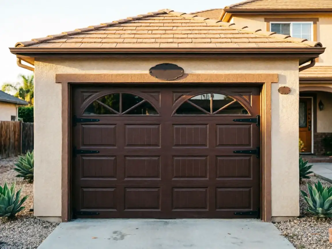 A brown garage door with decorative windows and hardware is on a tan house.