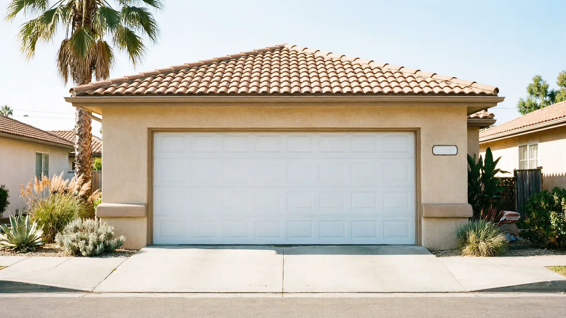The house has a white garage door, a tiled roof, and landscaping.