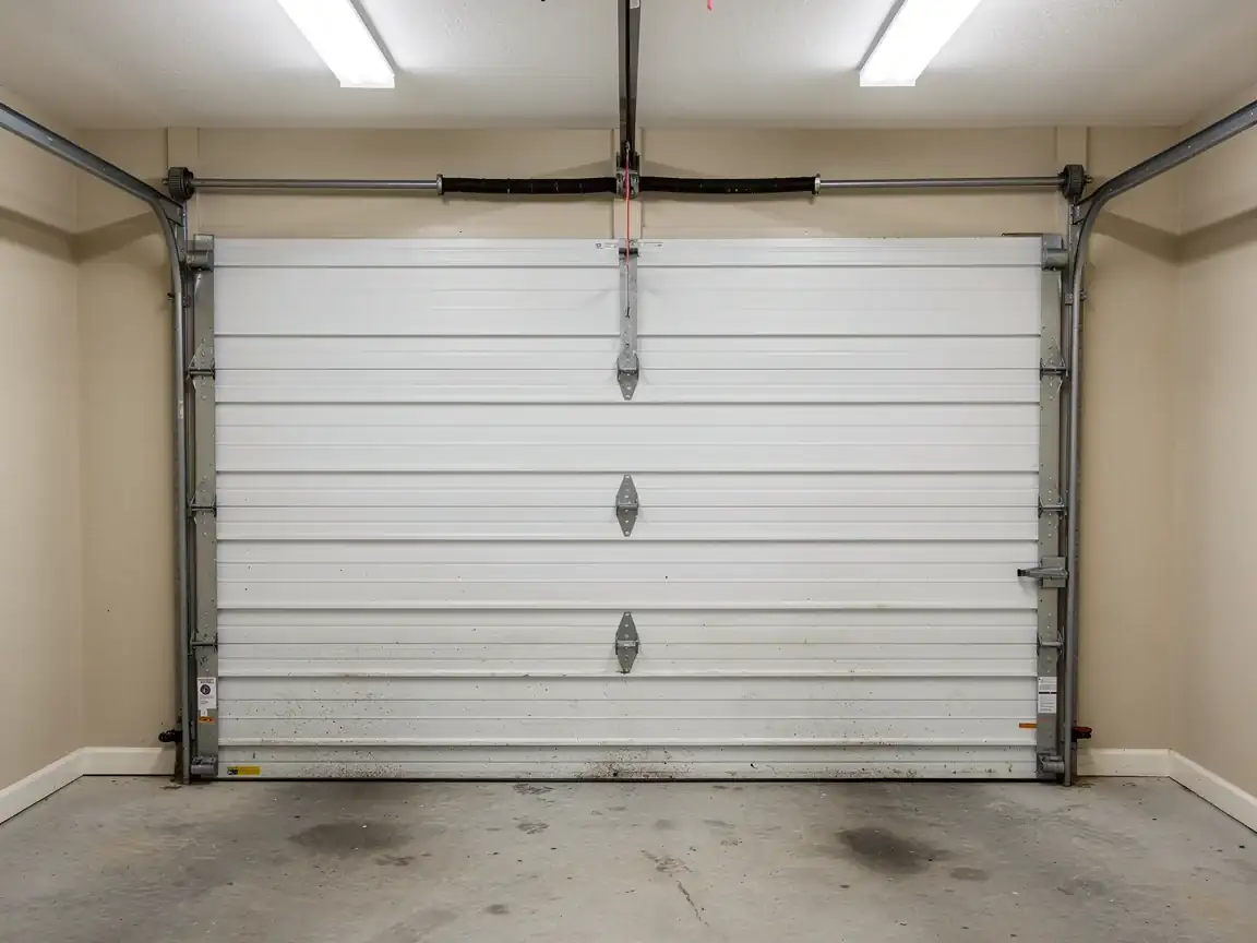 A white garage door is closed inside a garage with a concrete floor.