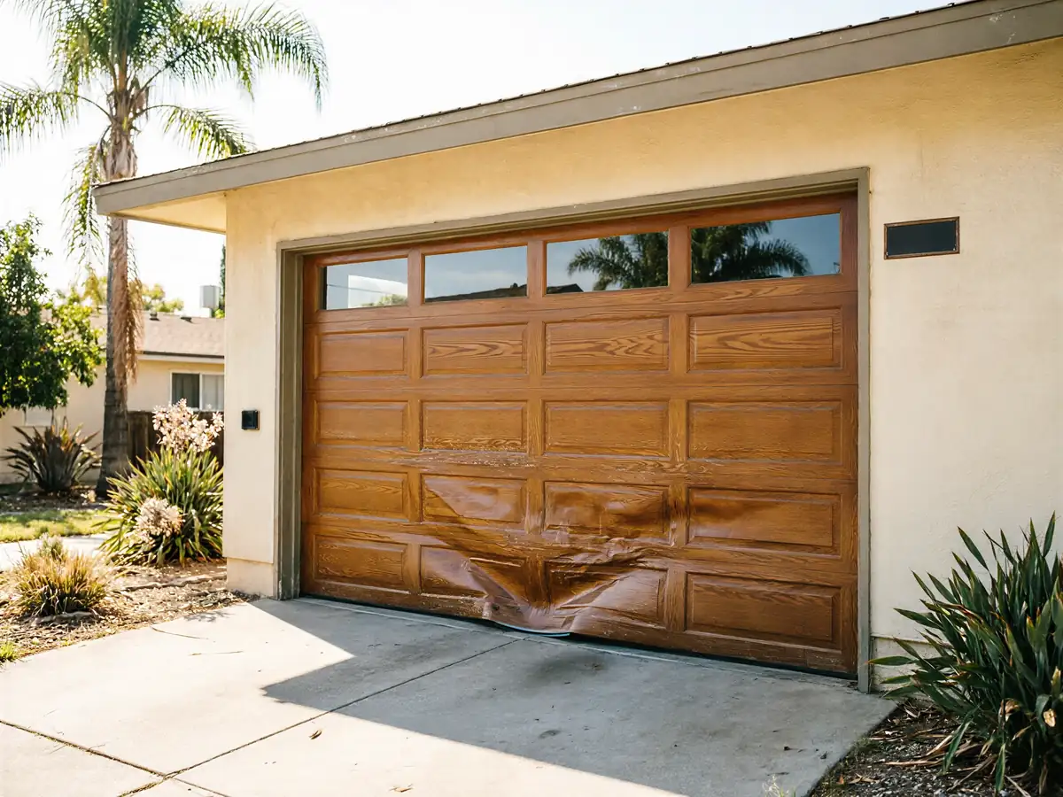 A damaged brown garage door with windows is on a tan house.